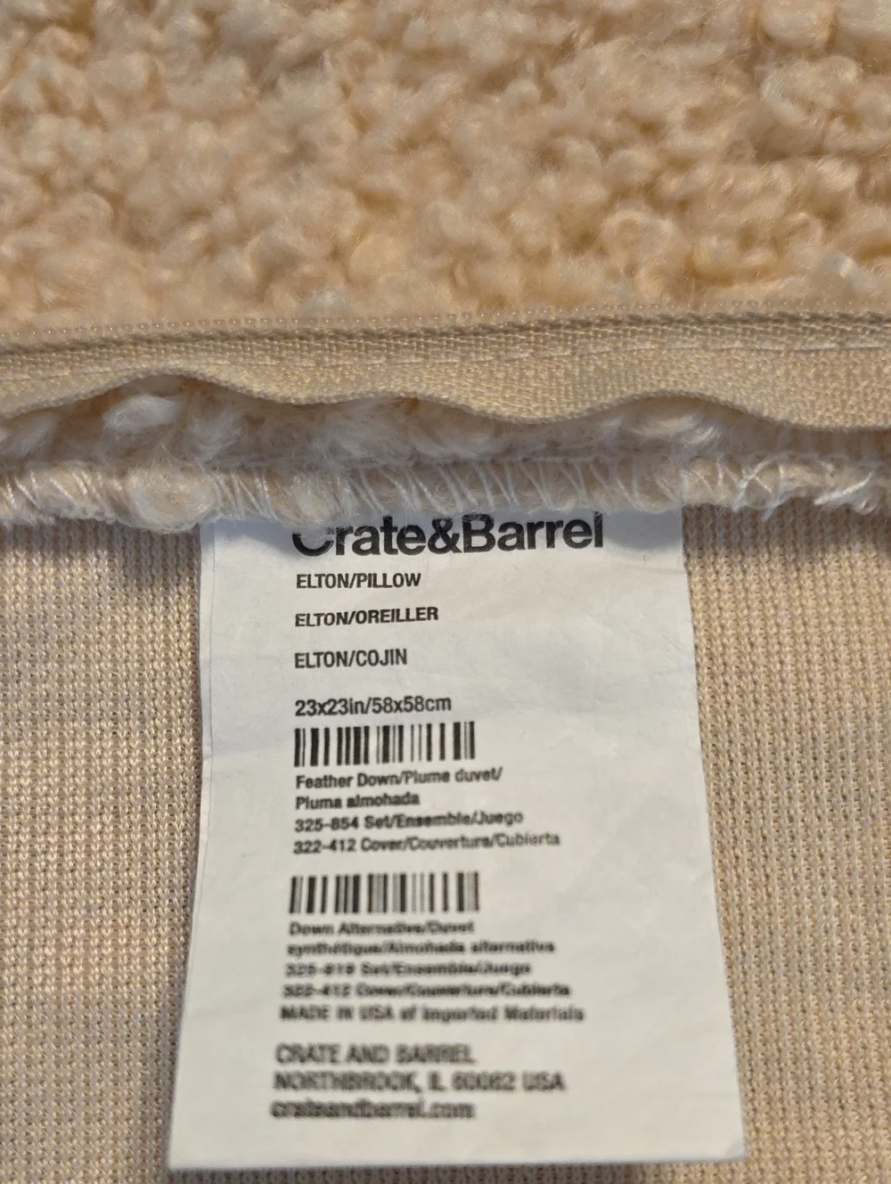 Crate&Barrel Elton Sherpa Cream/Beige Accent Pillow Cover